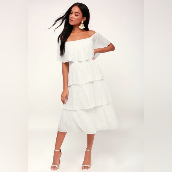 Lulu’s Gala Ready White Off-the-Shoulder Ruffle Midi Dress - Picture 2 of 6